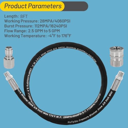 Pressure Washer Whip Hose Power Washer Jumper Hose for Pressure Washing with Steel Connector 3/8 Inch NPT Quick Connect Plug Hose Reel Connector Hose, 4000 PSI, 8FT, 1PCS - Image 2