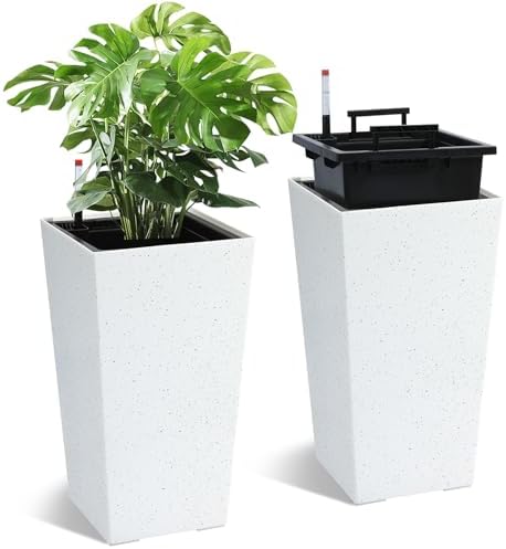 22.5'' Tall Planters for Outdoor & Indoor, Self Watering Plant Pots Set of 2 with Water Level Monitor & Drainage, Automatic Watering for Patio Garden, White by STMHOM