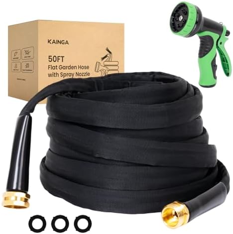 Lightweight Flat Garden Hose 50 FT, 3/4" GHT Flexible Water Hose with Spray Nozzle, Durable 800D Fabric, Kink Free Design, Portable Garden Hose for Lawn, Yard, Car Wash by KAINGA