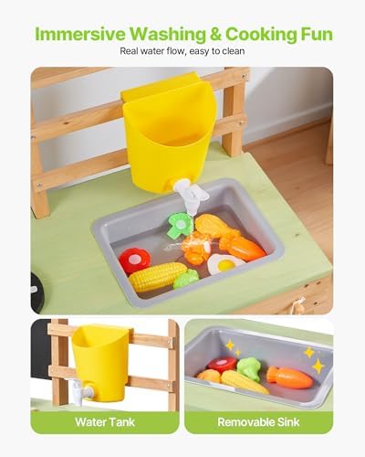 VEVOR Mud Kitchen, Outdoor Mud Kitchen for Kids, Wood Outdoor Play Kitchens with Spoons, Sink, Sunshade Canopy, Swivel Wheels, Cookware Pots and Accessories, Wooden Play Kitchens for Home, Lawn - Image 6