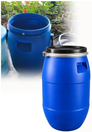 Plastic Drum with Lid and Metal Clamp Ring, Wide Mouth Water Storage Barrel by Unknown