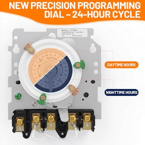 New T104M Mechanical Timer Switch (Mechanism Only), 24-Hour Heavy-Duty Timer Switch for Pool Pumps, 208V-277V 40A DPST, with High-Contrast White Dial, 4 Pairs of Trippers Included - Image 2