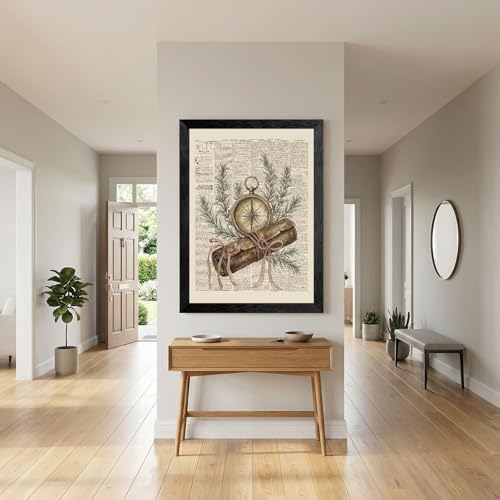 Framed Canvas Wall Art Vintage Antique Compass and Leather Map Muted Earthy Tones Rosemary on Aged Newspaper Canvas Print Poster Black Frame Wall Decor for Study Office Scholarly Decor, 12x16 Inch - Image 4