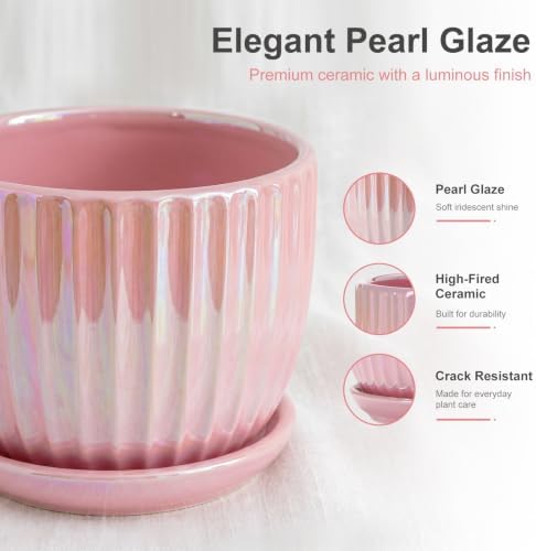 Pink Plant Pots，Ceramic Planters with Drainage Holes and Saucers Set of 3 - Image 3