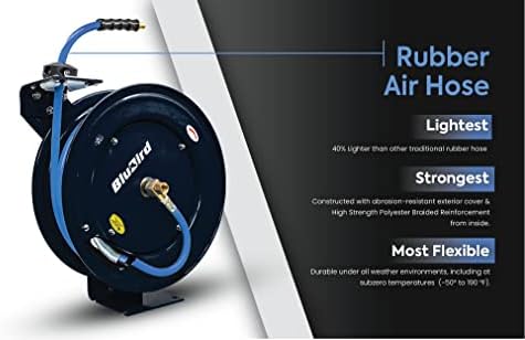 BLUBIRD BBR1250 20ga. Retractable Hose Reel with 1/2" X 50' Air Hose, 12 Point Ratcheting Gear, Next-Gen Rubber, Lightest, Strongest, Most Flexible, 300 PSI, 50F to 190F Degrees, Polyester Braided - Image 4