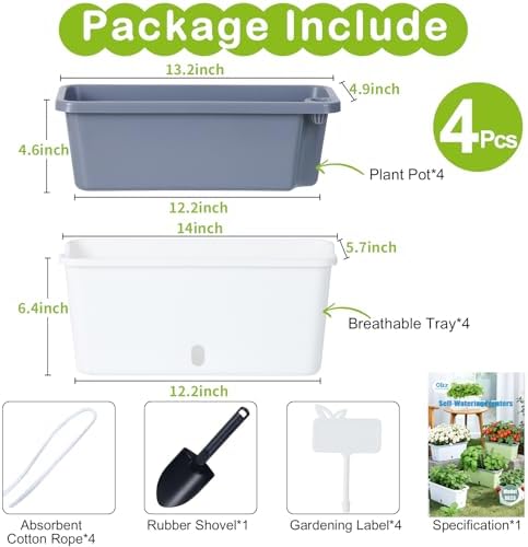 Oliz Window Box Planter 4 Packs, 14 Inches Rectangle Flower Pots with Breathable Drainage Holes, Pots for Vegetables, Herbs, Flowers, Garden Windowsill Balcony (White & Grey) - Image 7