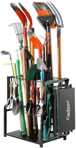 YueTong Garden Tool Organizer Heavy Duty,Yard Tool Tower Rack,Garage Storage Organization for Long Handle Tools,Rake,Brooms,Extra Hooks for Small Shovel,Shear.All Metal,Free Standing. by YueTong