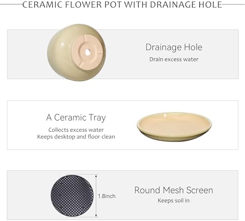 7.5 Inch Ceramic Planter with Saucer,Modern Garden Pots with Drainage Hole Mesh Net, for Indoor Outdoor Use(Pink Yellow) - Image 4