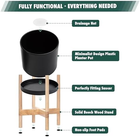 D'vine Dev Plastic Pot with Natural Wood Stand, Black, 14 in, 55-C-S-2 - Image 5