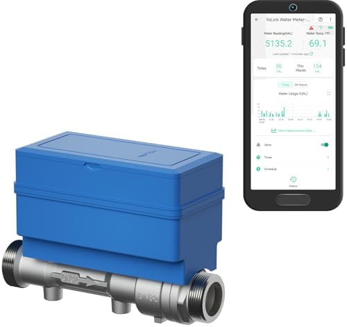 NSF Certified YoLink FlowSmart All-in-One Smart Water Meter & Auto Shutoff for 1.25" Pipes, LoRa Long-Range, Real-Time Leak Detection, 10-Year Battery, 80+ Device Ecosystem, Hub Required by YoLink