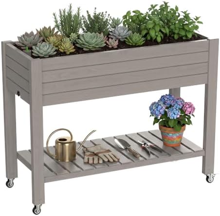 Elevated Resin Raised Garden Bed, 33.7in Height Raised Planter Box with Drainage Holes, Lockable Rotating Wheels & Bottom Storage Shelf, Stake Support, Easy Assembly for Patio Lawn Backyard Balcony by GYMHILL