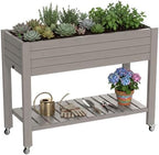 Elevated Resin Raised Garden Bed, 33.7in Height Raised Planter Box with Drainage Holes, Lockable Rotating Wheels & Bottom Storage Shelf, Stake Support, Easy Assembly for Patio Lawn Backyard Balcony by GYMHILL