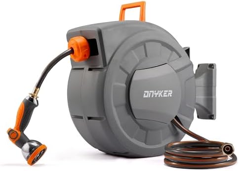 Retractable Garden Hose Reel, 1/2 inch x 100 ft Water Hose Reel Wall Mounted, Any Length Lock, Slow Auto-Rewind, 180°Swivel Bracket & 10 Pattern Nozzle by DNYKER