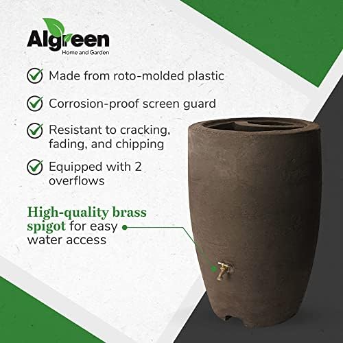 Algreen Plastic Rain Barrel, 50 Gallon Drum - Rainwater Tank w/Brass Spigot & Screen Guard for Rain Water Collection & Storage - Athena, Brownstone - Image 4