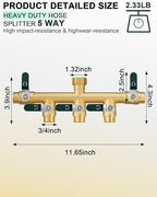 EBH Garden Hose Splitter 5 Way, Heavy Duty Solid Brass Hose Splitter with Shutoff Valves, Water Spigot Splitter With 304 Stainless Steel Handle, Full Flow Outdoor Faucet Splitter, 3/4" GHT Thread - Image 2
