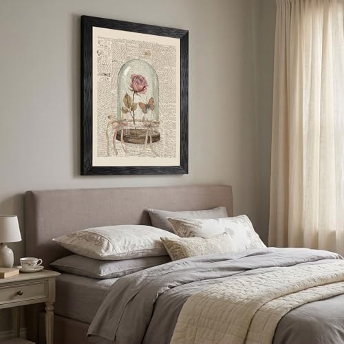 Framed Canvas Wall Art Vintage Mixed Media Dried Rose and Butterfly Cloche Muted Pink and Earthy Sepia Tones Canvas Print Poster Black Frame Wall Decor for Study Room Cottagecore Art, 24x36 Inch - Image 6