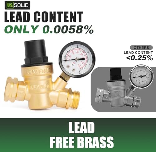 U.S. Solid 3/4 in GHT RV Water Pressure Regulator, Screwdriver-Adjustable Lead-Free Brass, 45 psi Preset, 0-140 psi Gauge, Stainless Filter, for RV Camper Trailer and Garden Hose - Image 4