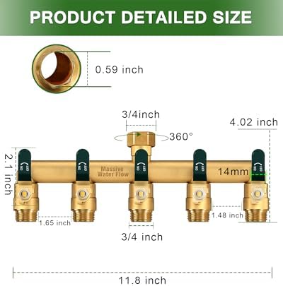 5 Way Hose Splitter, Heavy Duty Full Flow Garden Hose Splitter with 5 Large Metal Handles, Brass Water Hose Bib Splitter, T Adapter Connector with 3/4 - Inch GHT Thread (Green) - Image 2
