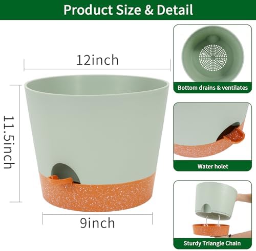GARDIFE 12 inch Plant Pots, planters, Self Watering Pots, Large Plastic Flower pots with Deep Reservior and High Drainage Holes for Indoor Outdoor Plants and Flowers, Green - Image 2