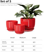 Ceramic Plant Pots Set of 3-Red Flower Pots with Drainage Holes and Saucers - Image 3