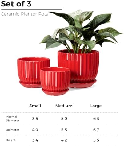 Ceramic Plant Pots Set of 3-Red Flower Pots with Drainage Holes and Saucers - Image 3