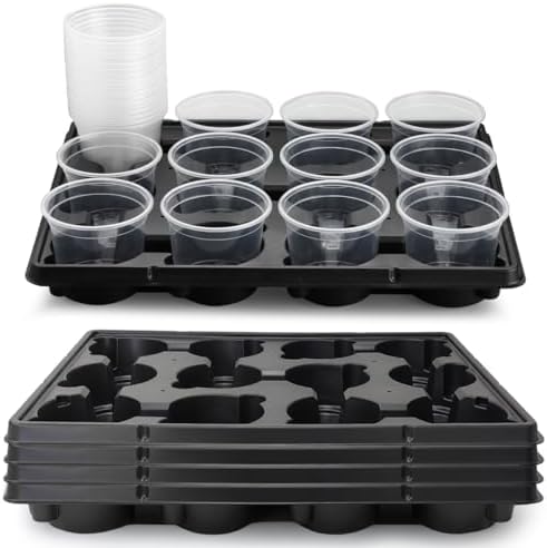 RooTrimmer 12 Cell Nursery Pot Trays 5 Pack with 4 Inch Clear Plant Pots 60 Pack, Thick Sturdy Seeds Starting Germination Shuttle Carrying Trays, Black Small Planter Nursery Propagation 5 Sets by RooTrimmer