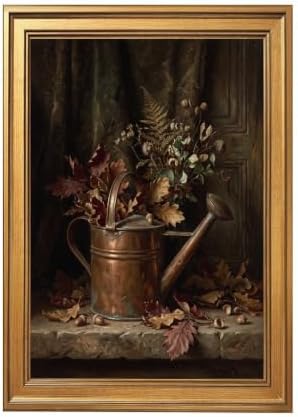 Gold Vintage Framed Still Life Watering Can Wall Art Autumn Leaves Print by Unknown