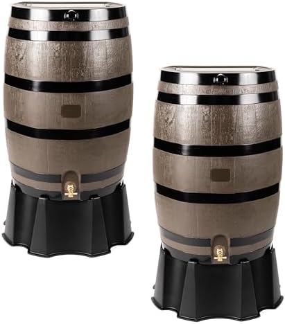 RTS Home Accents 50-Gallon Rain Barrel, Flat Back Rain Water Collection Barrel, Stand and Link Kit Included, Woodgrain with Black Stripes (2 Pack) by RTSCompaniesInc