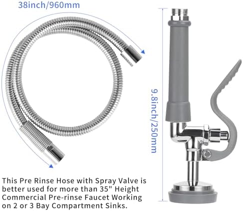 Gray Spray Valve with 38" Pre Rinse Hose, 38" Flexible Stainless Hose with High Pressure Pre Rinse Sprayer Nozzle Head Assembly Kit for Commercial Restaurant Industrial Kitchen Faucet - Image 4