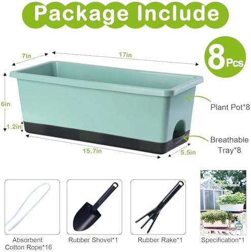 Oliz Window Box Planter 8 Pcs, 17 Inches Rectangle Flower Pots with Drainage Holes & Trays, Vegetable Planters for Windowsill Patio Garden Balcony Home Indoor Outdoor (Green, 16 * 7 * 6 inch) - Image 6