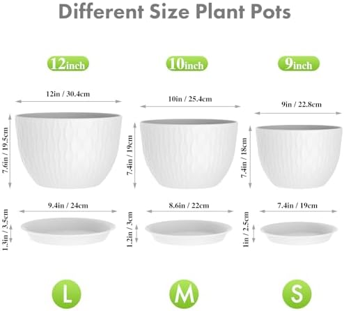 Meowell 12/10/9 inch Large Plant Pots, 3 Pack Wide Flower Pots for Outdoor Indoor Plants with Water Ripples, Big Plastic Planters with Drainage Holes and Saucers for Garden House Plants, White - Image 2