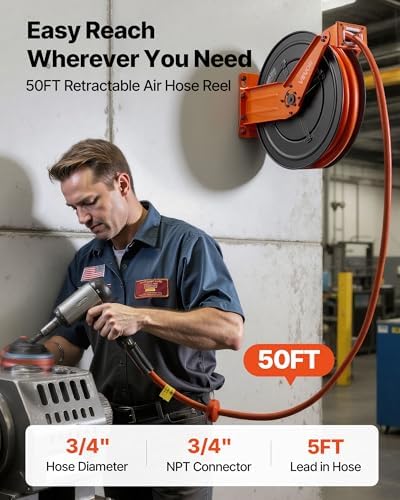 VEVOR Retractable Air Hose Reel, 3/4 Inch x 50 FT PVC Air Hose Max 300PSI, Auto Rewind Air-Compressor Hoses Reel with 5 ft Lead in, Ceiling/Wall Mount Heavy Duty Steel Double Arm - Image 2