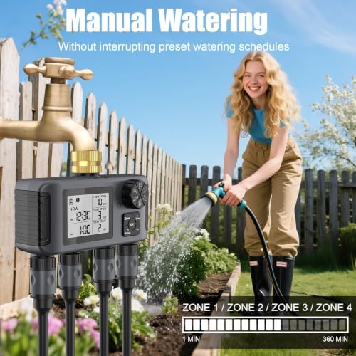 Hose Water Timer, Programmable Sprinkler Timer with Rain Delay/Manual/Automatic Drip Irrigation System for Outdoor Garden Yard, 4 Outlet - Image 3