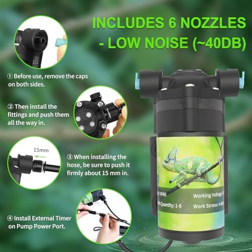 Reptile Misting System with Timer, 6 Adjustable-Joint Nozzles, Self-Priming Pump, Quiet Fine Mist for Chameleons, Geckos, Frogs & Terrariums - Image 5