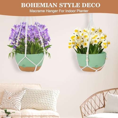 3 Pack Hanging Planter for Indoor Plants, 10inch Self-Watering Hanging Plant Pot, Macrame Plant Hanger with Pot, Chain, S & Ceiling Hooks, Removable Saucer and Drainage Holes for Garden Home - Green - Image 4