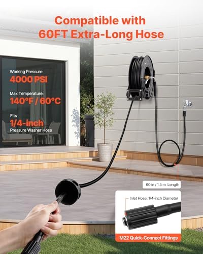 VEVOR Pressure Washer Hose Reel, 60 ft x 1/4 inch Retractable Power Heavy-Duty Steel Washer Hose Reel, 4000PSI Max, Auto-Rewinding, Flexible Wall/Floor Mounted for Car Washing,Garden,Floor Cleaning - Image 5