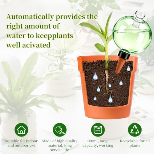 Plant Self Watering Globes with Covers, Plastic Water Bulbs Top Fill, Plant Watering Devices System Slow Release Terracotta, Water Spikes Stakes for Indoor (Green, 4pack) - Image 3