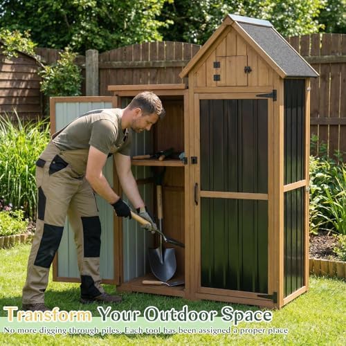 Outdoor Storage Cabinet Weatherproof with 3 Adjustable Shelves, 66'' H Wood & Metal Storage Shed with Lockable Doors & Waterproof Roof, Outside Garden Tool Sheds, Brown - Image 5