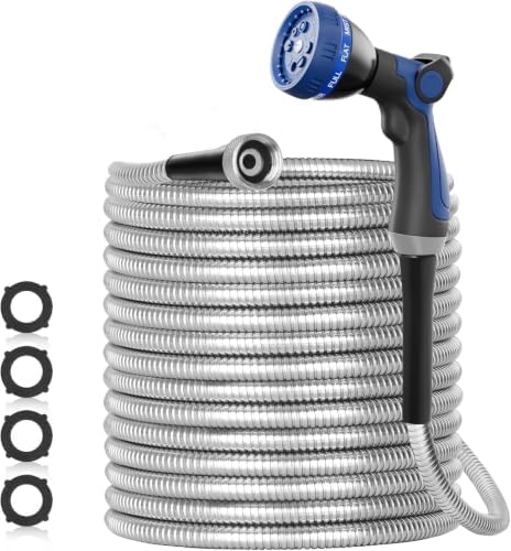 SPECILITE 25ft 304 Stainless Steel Metal Garden Hose with Blue Nozzle by SPECILITE