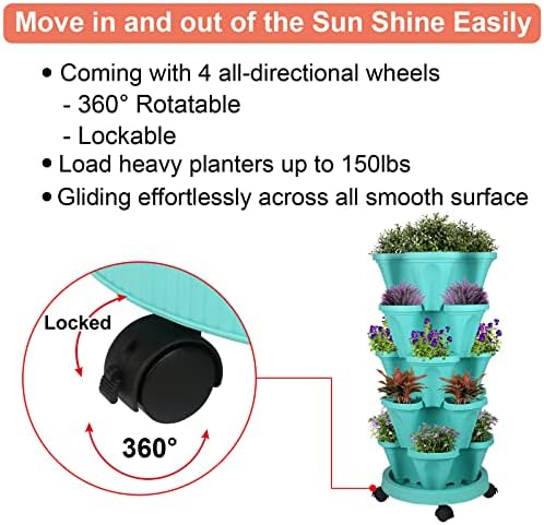 GameXcel Vertical Planter Tower - 5 Tier Stackable Garden Planters with Wheels and Tools Plant Pots for Strawberry Herb Flower and Vegetable Indoor Outdoor Use Teal - Image 3