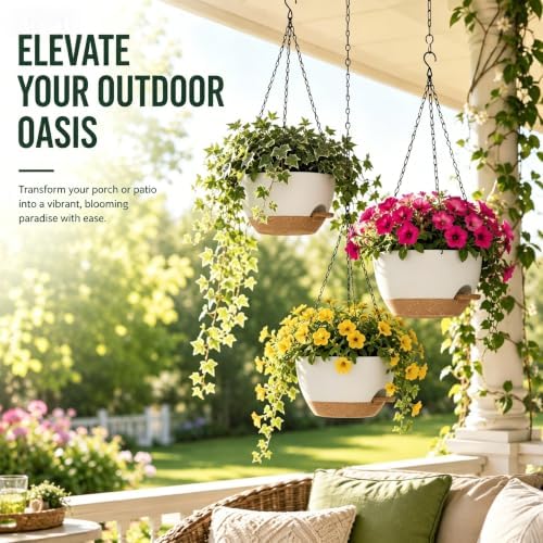12 Inch Self Watering Hanging Planters 2 Pack, White Brown - Image 2