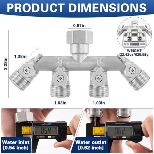 4 Way Garden Hose Splitter, 304 Stainless Steel Outdoor Faucet Splitter with 4 Individual Shut Off Valves, 3/4" GHT High Flow Hose Bib Spigot Connector - Image 2
