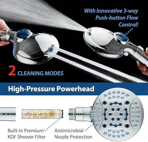 AquaCare High Pressure 6-way Dual Shower Head Combo with Built-in Filter & Power Wash - Clean Tub, Tile & Pets. Remove Chlorine, Lead & Toxins from Water to Protect Skin, Hair, & Nails. Chrome Finish - Image 5