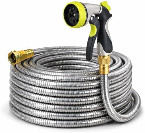Metal Garden Hose 50 ft – 304 Stainless Steel Water Hose with Nozzle Sprayer, Garden Hoses Flexible, Lightweight, No Kink, Heavy Duty for Outdoor (50 ft) by Holldoor