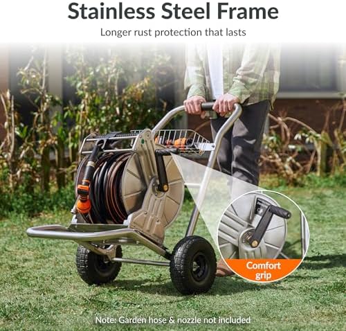 Giraffe Tools Garden Hose Reel Cart with Wheels, Stainless Steel Heavy Duty Water Hose Reel Cart, 200 ft of 1/2 Capacity, Mobile for Outside - Image 2