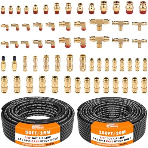 CheeMuii 64 Pcs Brass DOT Air Line Fittings with 1/4" & 3/8" DOT Air Hoses by CheeMuii
