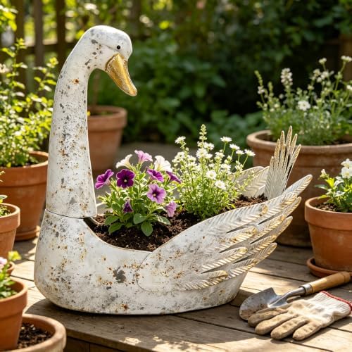 Vintage Metal Flower Pot, 15.75" Rustic Distressed White Swan Planter, Farmhouse Indoor Outdoor Decorative Planter for Garden Patio Balcony, Unique Gift for Plant Lovers - Image 2