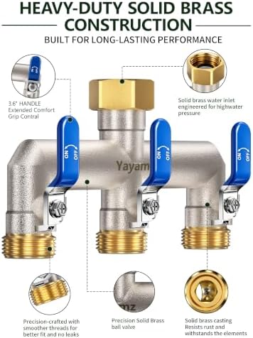 3-Way Garden Hose Splitter, Heavy-Duty Brass, 3/4" GHT, Blue - Image 2