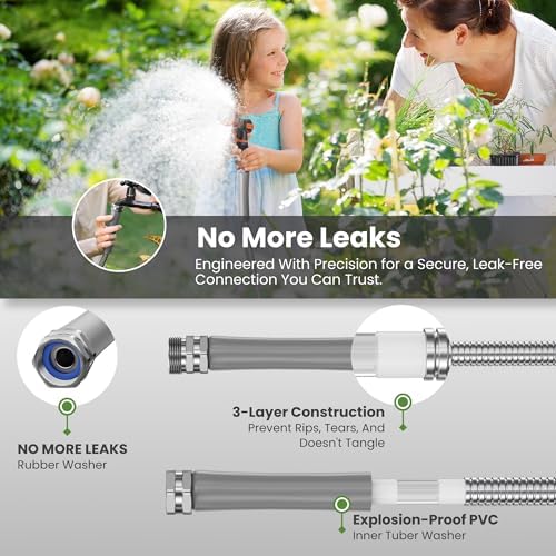 Giraffe Tools Garden Hose 100ft x 3/4", 304 Stainless Steel Metal Water Hose, No Kink Garden Water Hose with 9 Pattern Spray Nozzle, Flexible, Lightweight, Kink Free Hose for Yard, Outdoor - Image 3