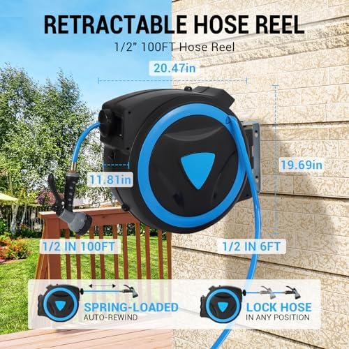Retractable Garden Hose Reel, 1/2 Inch x 100 Ft Water Hose Reel Wall Mounted, Any Length Lock, Slow Auto-Rewind, 9 Function Spray Nozzle & 180° Swivel Bracket, Garden Watering, Hose Storage - Image 6